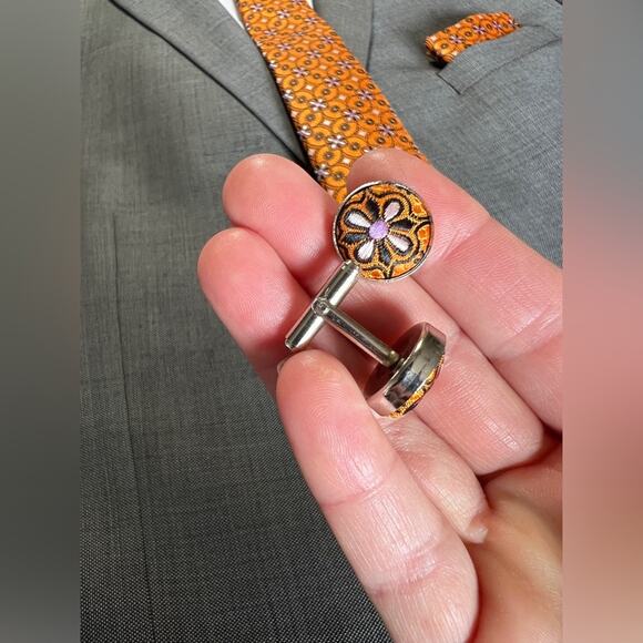 Men’s 3 Piece Floral Tie Set Orange Tie Pocket Square Cufflinks 57.5”x3.25” - Picture 3 of 4